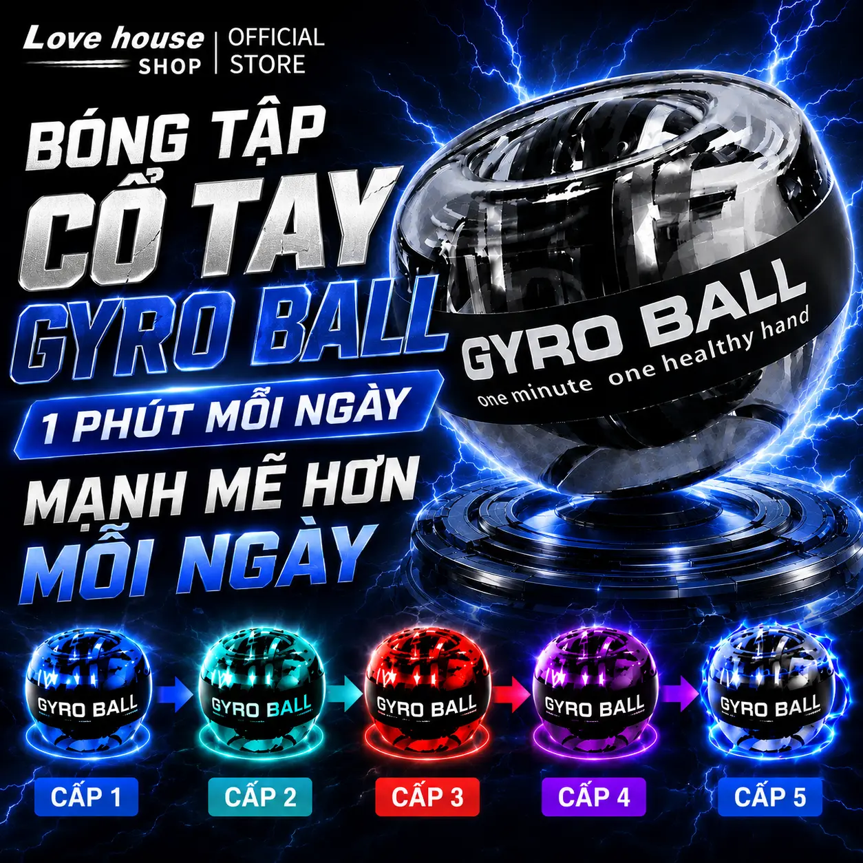 Bóng Tập Cổ Tay Gyro - Phòng GYM Thu Nhỏ! Đèn LED, 5 cấp độ từ 2000-10000 RPM. Tăng sức mạnh, giảm căng thẳng - Hoàn hảo cho cầu lông & thể thao
