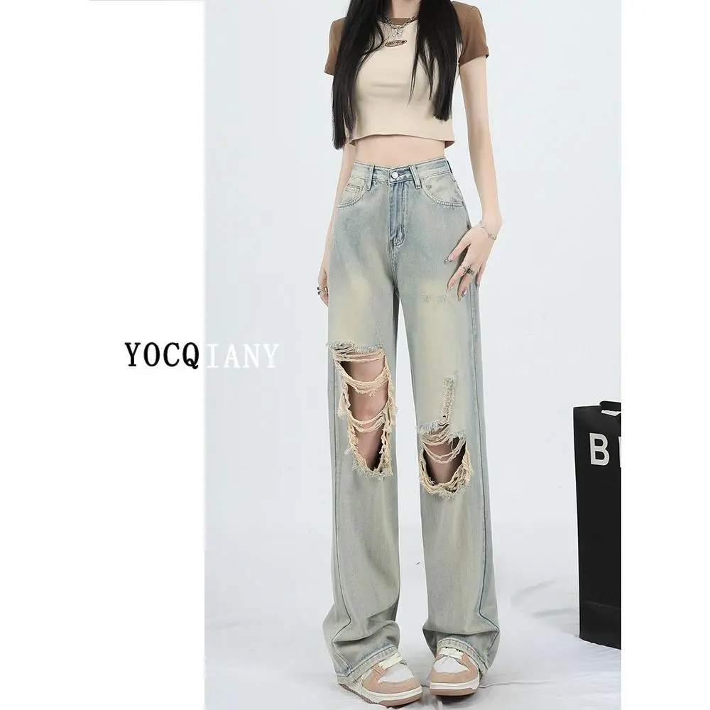 In Summer, Lazy Jeans with Holes in The Wind, Women's New Pear-shaped Figure in 2024, Loose Wide-leg Pants for Mopping The Floor.