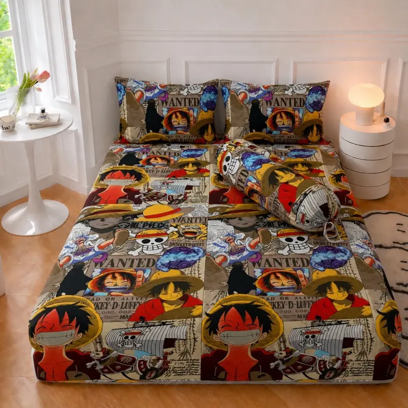 One Piece Sprei Tempat Tidur Motif Karakter Anime One Piece untuk Kamar Anak dan Dewasa Bahan Katun Micro Tebal Adem dengan Karet Elastic dan Sarung Bantal Guling