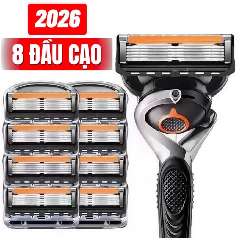 U40-Bộ dao cạo râu 5 lưỡi thép Nhật phủ titan 1 cán + 8 đầu thay đầu cạo chuyển động linh hoạt lưỡi dao sắc bén và không han rỉ cạo sạch râu tối đa phía trên có dải gel bôi trơn mượt mà