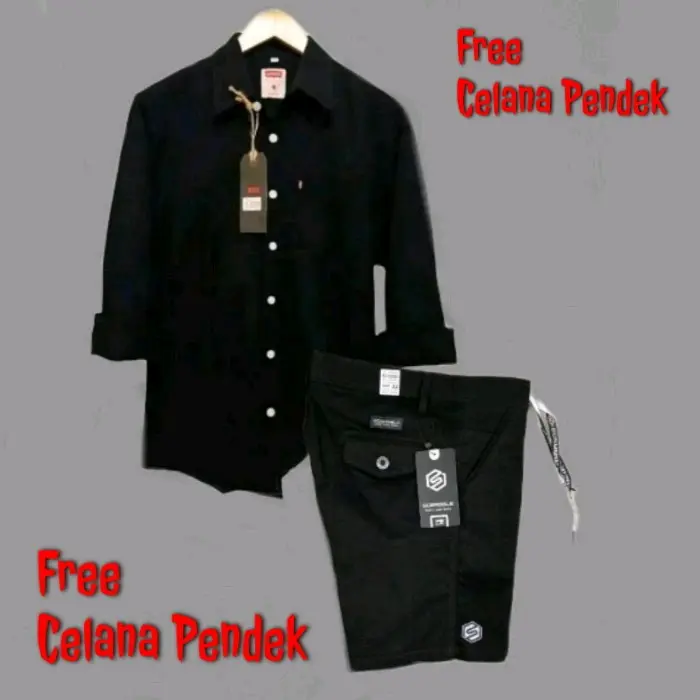 PAKET HEMAT COD Setelan Kemeja Lengan Panjang Pria Dewasa Celana Pendek Pria Dewasa Laki Laki One Set Pria Polos Lengan panjang Katun 6