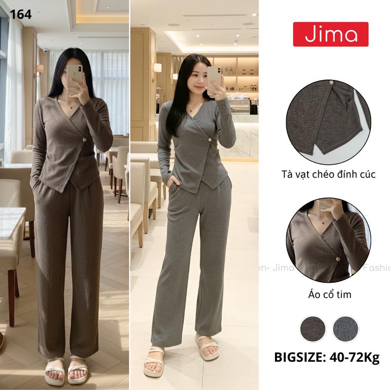   Có Lẻ ÁO  Set bộ áo dài tay cổ tim vạt chéo nhún eo kèm quần ống suông chất Tăm Thỏ Jima 164-1 