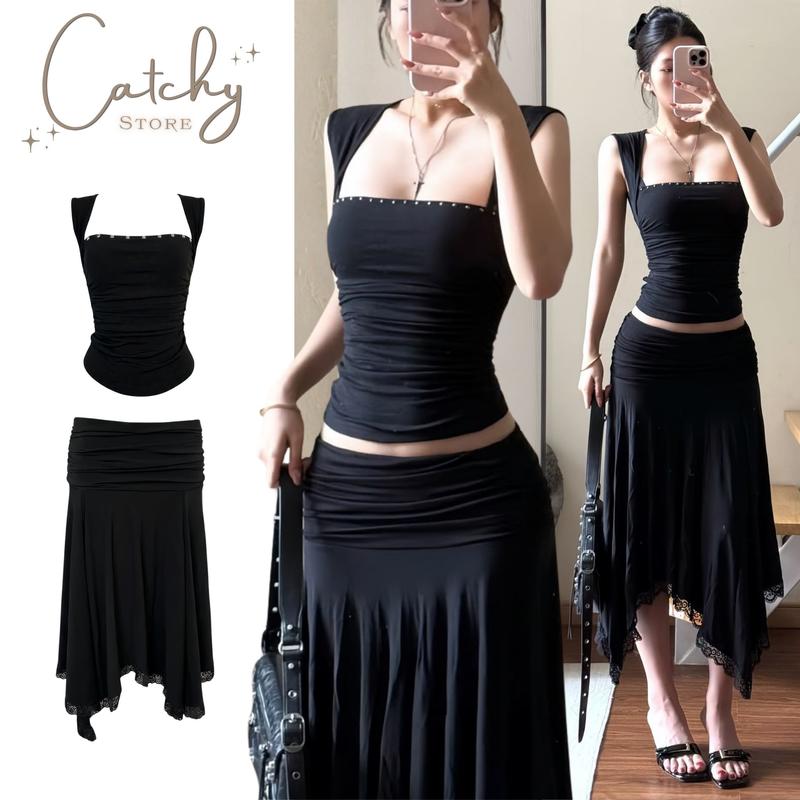 Set Áo Ôm Cổ Vuông Rút Nhún Đính Đá Kèm Chân Váy Midi Tà Lệch Viền Ren Dark Feminine Y2K CATCHYstore