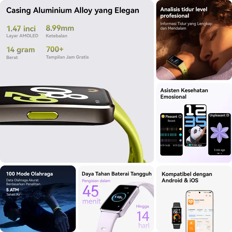 [Limited Offers] HUAWEI Band 10 Smartband | Sleek Aluminum Alloy Case | Pro-Level Sleep Analysis | Emotional Wellbeing Assistant | Smartwatch Aluminium Jam 1