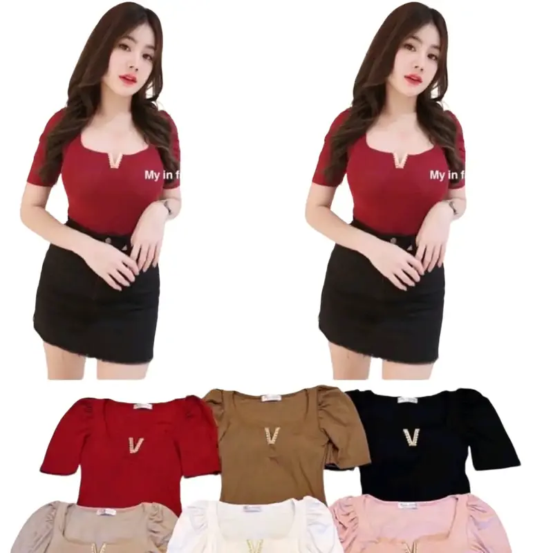 atasan wanita cotton strach lengan pendek v neck halus lembut Top Cewek Polos 2