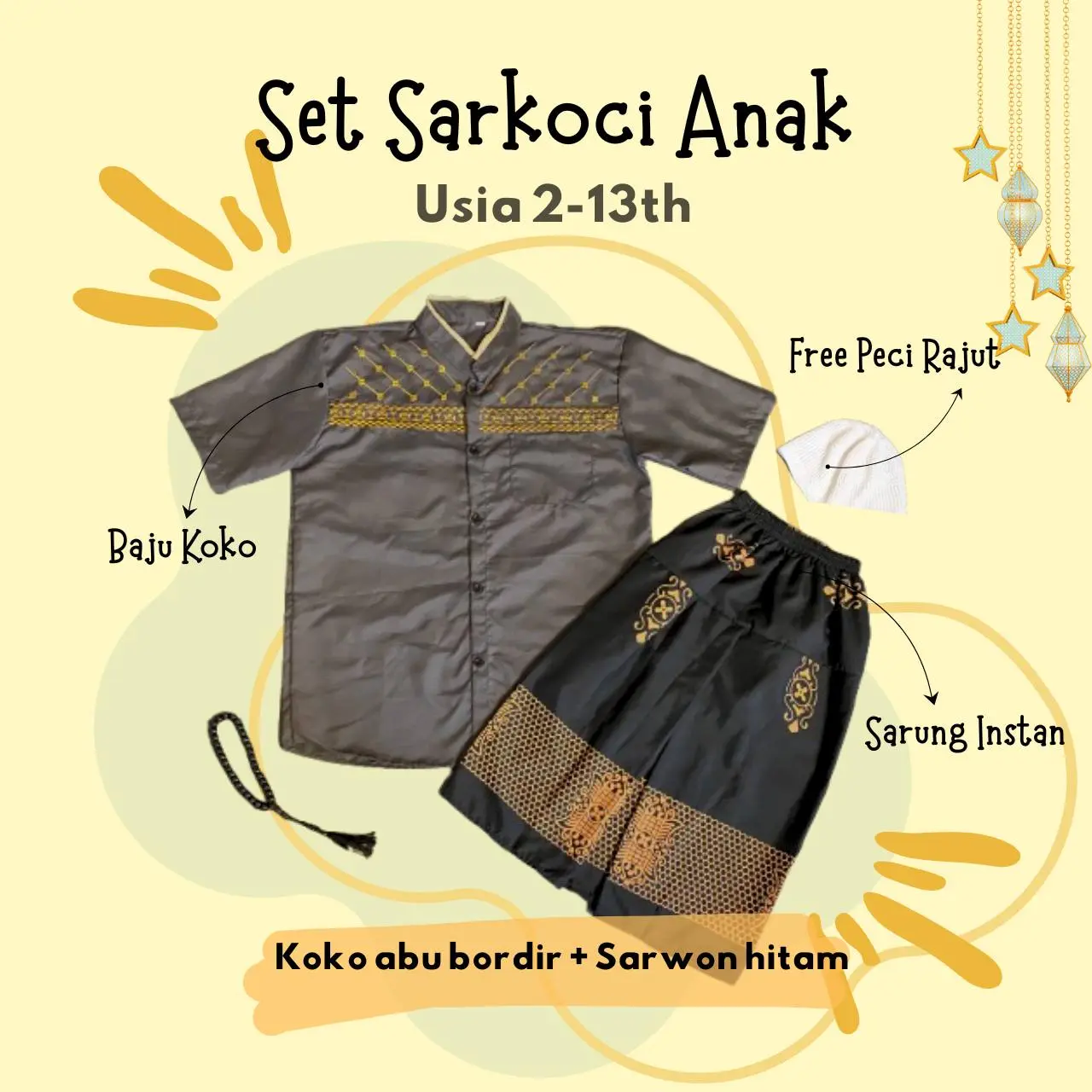 Bordir Abu + Sarwon Hitam + Peci