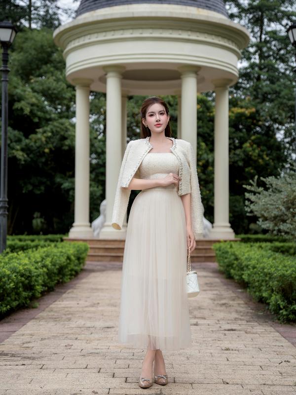   Kiều Linh -Set Váy Dự Tiệc Thiết Kế Áo Choàng KL665 chất liệu Dạ Tweed Ánh Kim phối chân váy Lưới Viền Áo Kim Sa 2 Lớp Lót Giấu Đường May Kĩ 