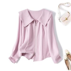 Kemeja Lengan Panjang Wanita, Pakaian Musim Luruh, Saiz Besar, Zip Berganda, Kolar Tentera Laut, Rekaan Cantik, Bahu Biasa, Gaya 64089