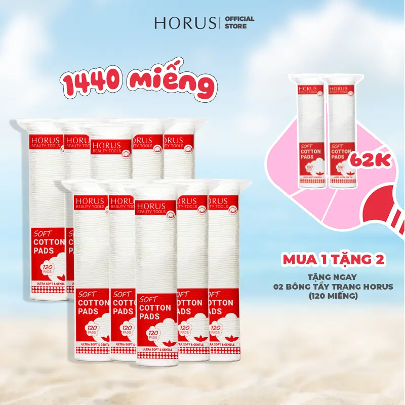 [ Live1 ]( Quà tặng 2 bông tẩy trang ) COMBO 10 Bông tẩy trang Horus Soft Cotton Pads 120 pads