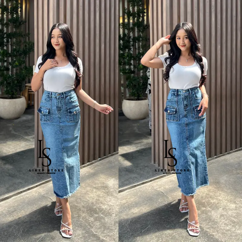Moreen  rok Jeans Rawis wanita -  Moreen rok Span Stretch Korean Style Panjang  Denim Midi 0