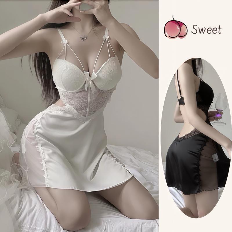 Váy ngủ lụa phối ren đỏ sang trọng kèm gọng mút nâng ngực và quần chip tặng kèm cho nữ