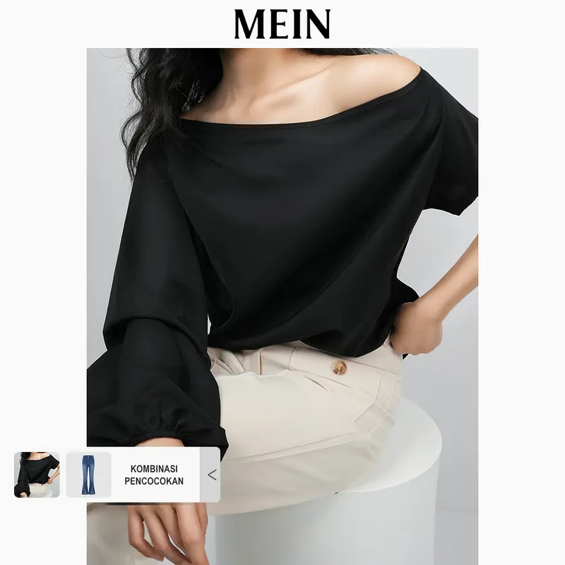 [MEIN] Elegant Kaos Off Shoulder Wanita Baju Atasan Lengan Panjang Hitam Top Cewek Basic Casual 4371 1