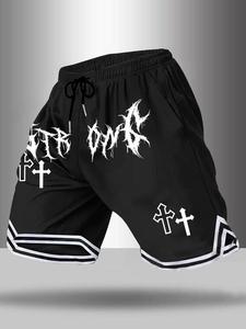 Shorts de gimnasio para hombre con texto artístico y patrón de cruz, estilo streetwear para uso diario casual, diseño religioso moderno