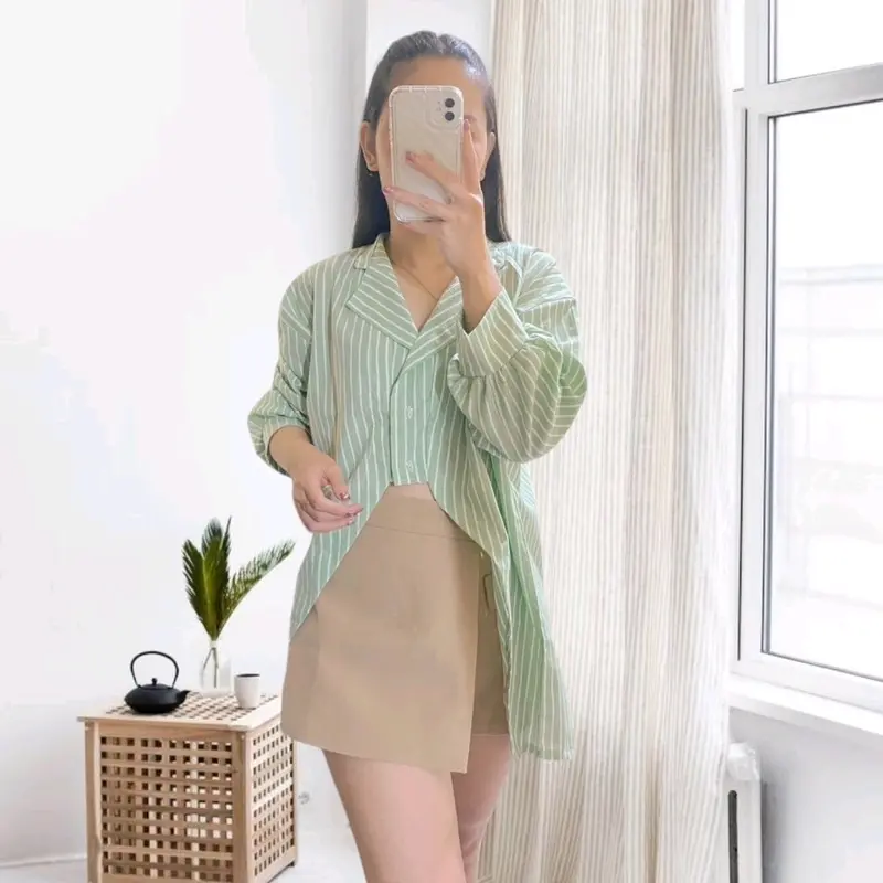 Cotton ( Blue ) 801 Angel Stripe Blouse Korean Style Baju Atasan Kemeja Katun Salur Wanita Korea Kekinian Minimalis Terbaru Elegan dan Modis Garis Garis Lengan Panjang Strip Crop Top Putih Plain Yellow Pastel Premium Hoppy Algiclo Posy id Official Store 2