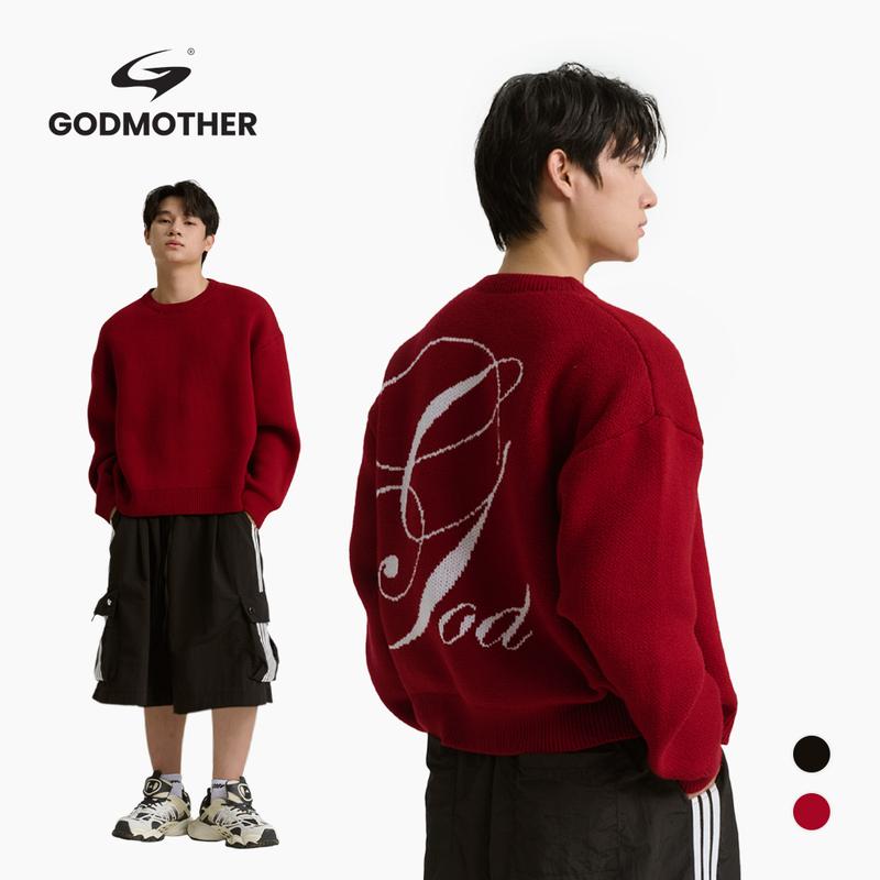 GODMOTHER Áo Len Dệt Boxy Unisex GODMOTHER 2025 Màu Đỏ & Đen Thiết Kế Đơn Giản Thoải Mái Phù Hợp Cho Nam Và Nữ