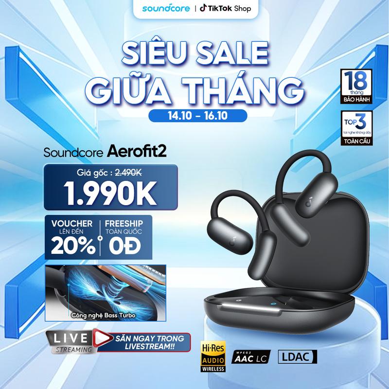 Tai nghe bluetooth Open-ear Soundcore AeroFit 2 | Móc tai tùy chỉnh | Chống nước và bụi IP55- Tai nghe vành tai- Tai nghe thể thao Bluetooth không dây- Tai nghe móc vành tai-Bảo hành 18 tháng- Hàng chính hãng