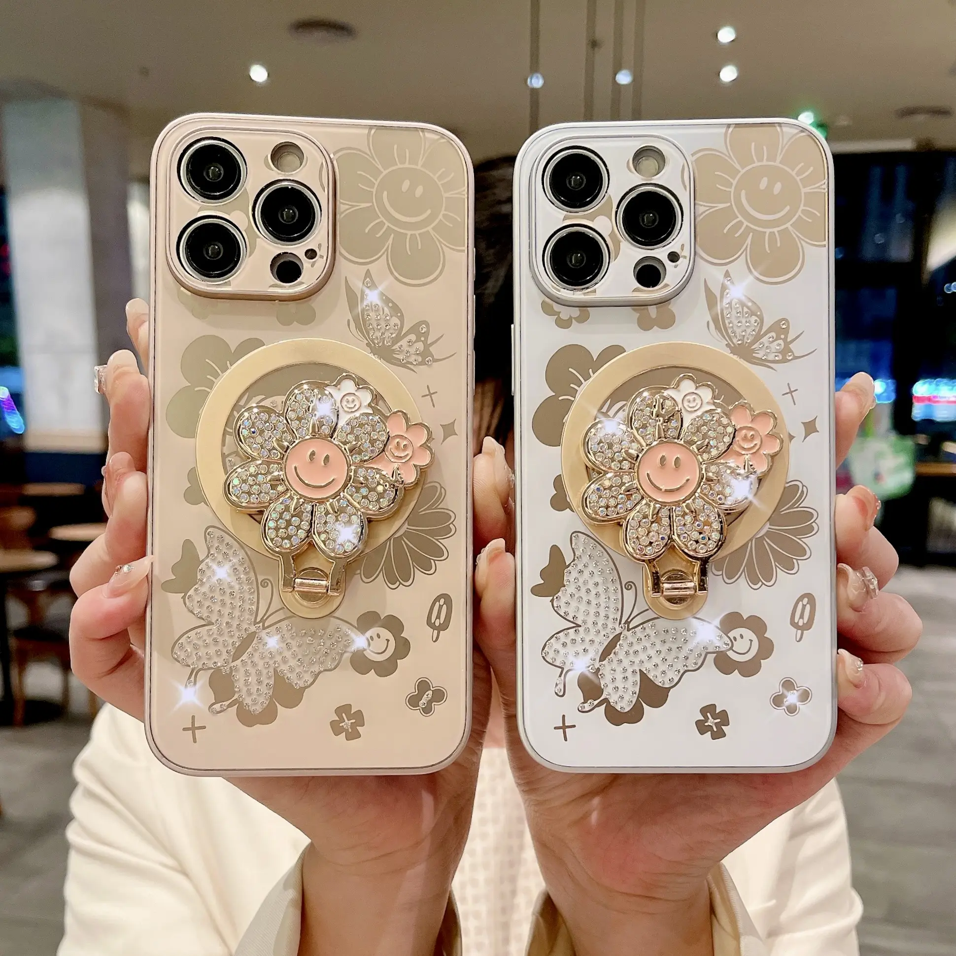 Luxury Shining Diamond  Phone case for Apple iPhone 15 Pro max 14 13 15 plus With Flash Sun Flower Holder Protective back cover