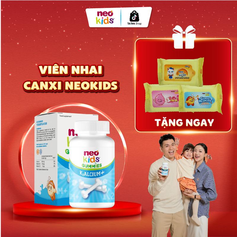 Viên nhai Canxi Neo Kids vị sữa chua bổ sung Canxi, Vitamin D3, K2, MK7 giúp hỗ trợ tăng chiều cao, phát triển xương và răng cho bé yêu hộp 60 viên