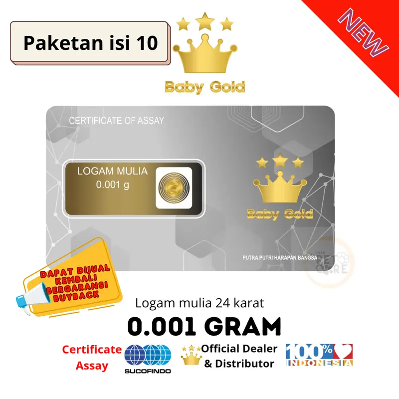 LOGAM MULIA BABY GOLD 0.001 GRAM EMAS MINI 24K isi 10 PCS 0