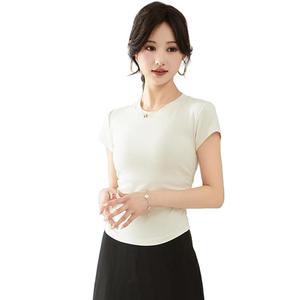 Round-neck short-sleeved women's t-shirt with summer pleated and fitted waist design - versatile and stylish short top for the summLocal storage facilityer season