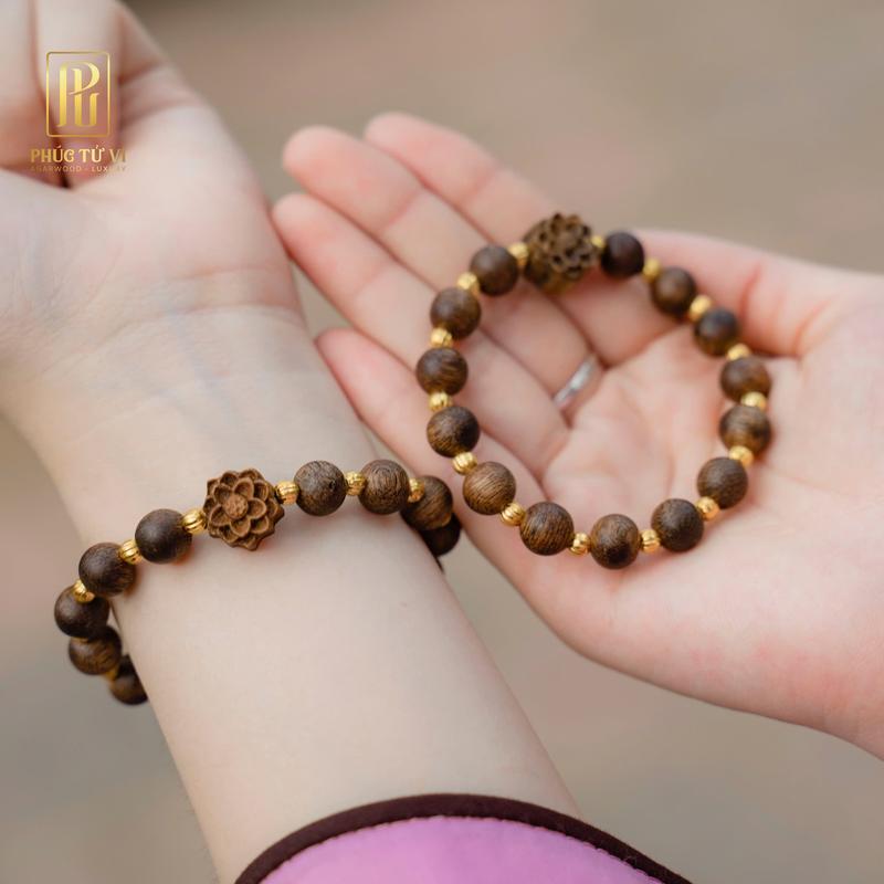Vòng Trầm Hương Tự Nhiên 8mm Mix Hoa Sen, Trầm Socola Indo Hương Thơm Ngọt Dịu | Trầm Hương Phúc Tử Vi