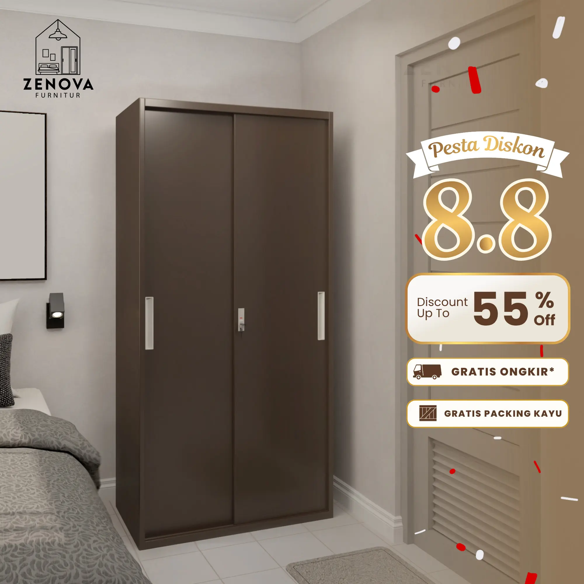 ZENOVA Lemari Besi 2 Pintu Geser Sliding Tanpa Cermin 90cm 1 Gantungan Kamar Tidur Stylish Awet Anti Karat