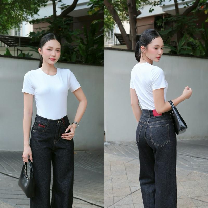 Dài 95-100cm Quần Jeans Nữ Quần Ống Suông Cạp Cao Túi Kiểu Phối Đai Vải Mềm Mịn Ms 460