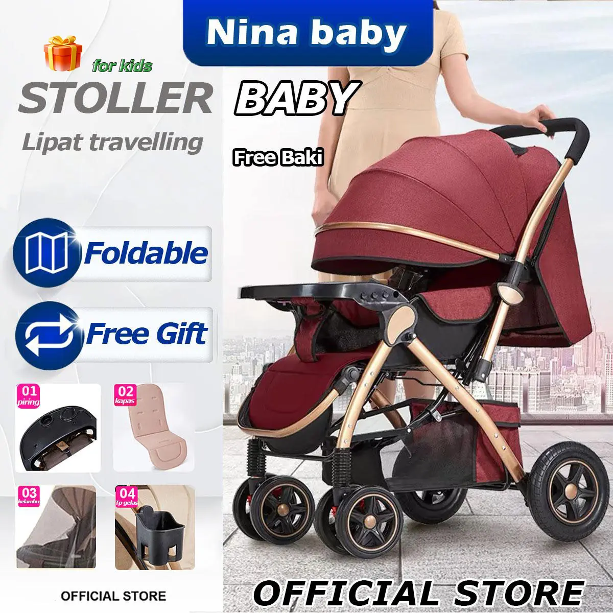 Nina baby MALL Stroller Baby Bayi Lipat Traveling Stroller  Kereta Dorong Stroller Lipat Traveling Bisa Masuk Cabin Stoler Bayi Multifungsi Bisa Duduk Dan Berbaring Baby Kereta Dorong #hamperslebaran #bingkisanlebaran #hampers