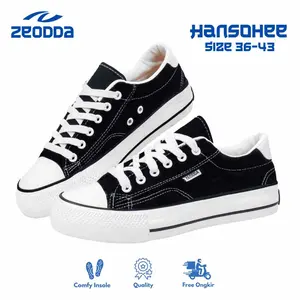 Zeodda Hansohee Sepatu Wanita Bertali Canvas Women Shoes Style Polos Casual Karet Trendy Free kotak Sneaker Black Kasual 1013