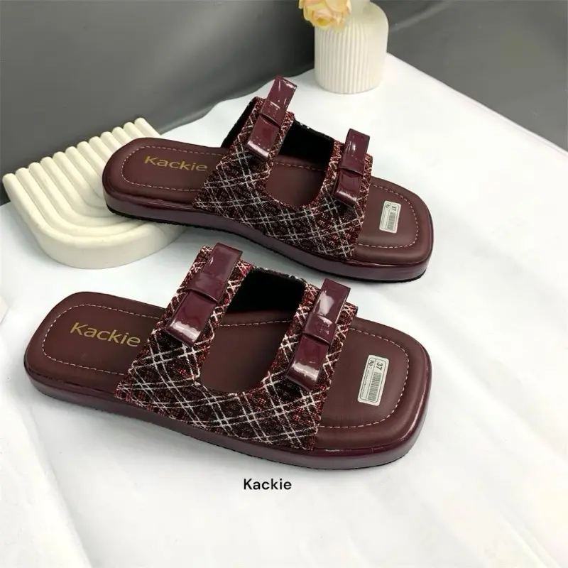 Kackie Sendal Flatform Wanita Kekinian Maroon Sandal Selop Shoes Karet Cewek Perempuan