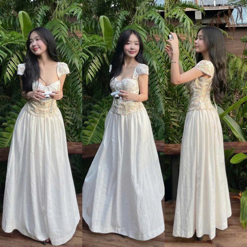 CHÂN VÁY LINEN 3M NỮ 50% lưng chun chiều dài váy 97cm có lót trong size S M có 3 màu Kem Trắng Đen Women Voi Nhung Voan