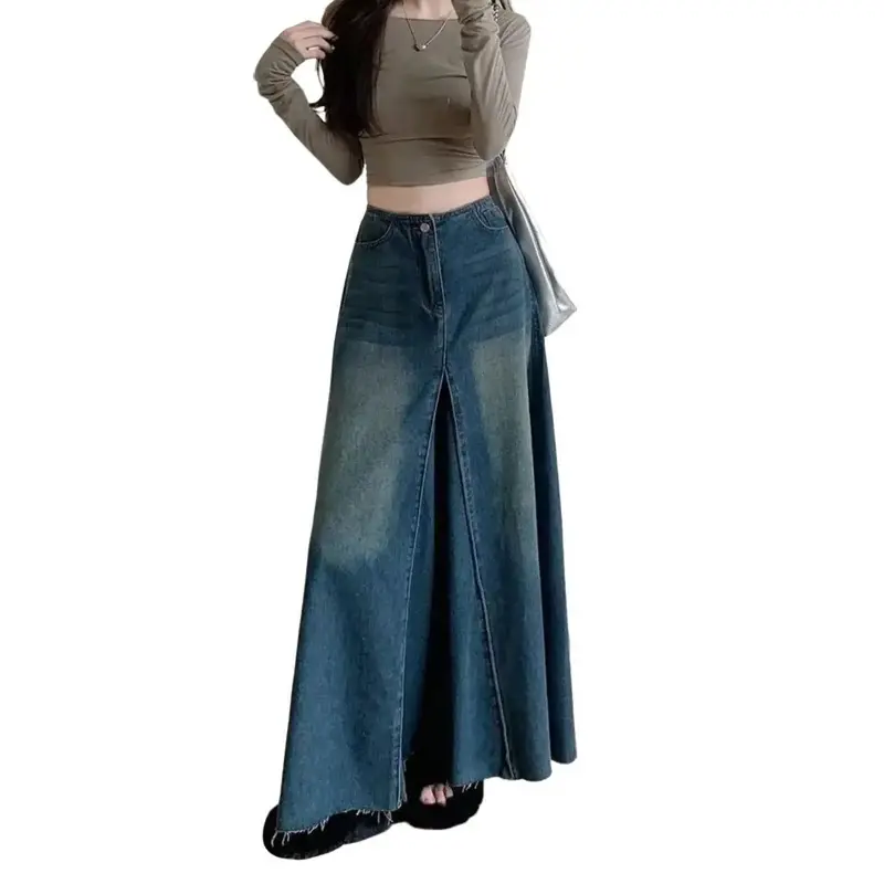 Pg Jeans - Rok Denim Vintage Retro Wanita Rok Jeans Panjang High Waist A-Line Cewek Bahan Tebal Tahan Lama Kancing Depan & Karet Belakang Variasi Rampel di Depan 1