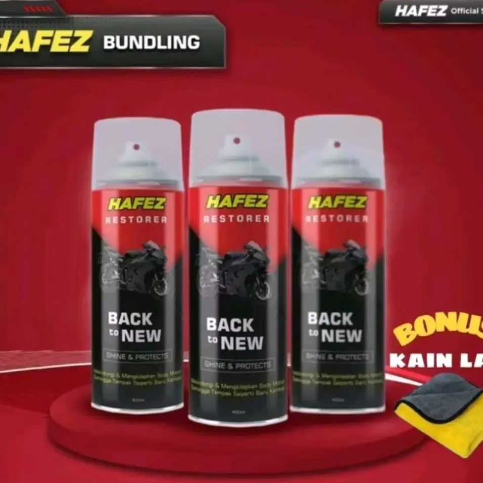 Paket promo hafez restorer pengkilap penghitam motor mobil 3 pcs bonus kain lap microfiber
