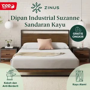 Zinus Tempat Tidur Ranjang Besi Suzanne / Sandaran Kayu Bambu / Design Industrial / Easy Assembly / Tinggi 17cm Minimalis Furniture [COD]