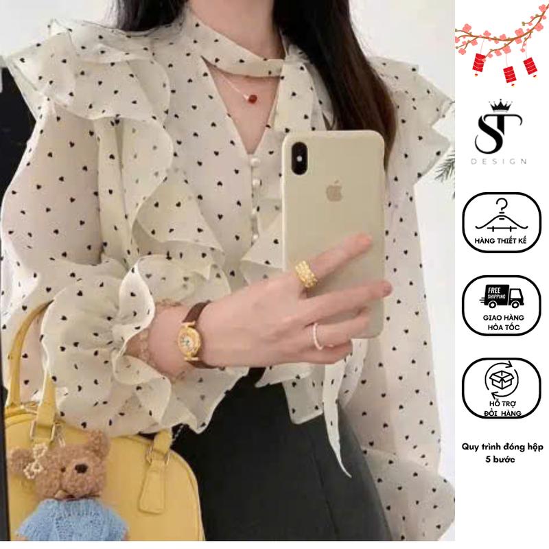 ST Design Áo sơ mi voan Hàn Thô phối bèo chấm tim thắt nơ T07 thiết kế voan mềm mại phong cách Hàn Quốc