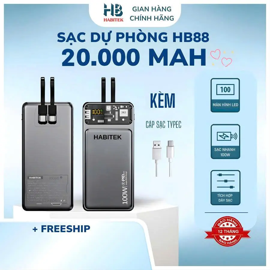 [Sạc Siêu Nhanh ] Sạc Dự Phòng HB88 20000mah Tích Hợp 2 Dây Sạc , Sạc Siêu Nhanh,  Bảo Hành 12 Tháng [ Đổi trả bất kỳ lý do gì ] Phụ Kiện Điện Thoại Pin Dự Phòng