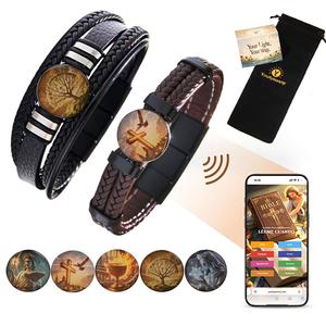 Youtysunny Pulsera Cuero Hecha a Mano Clásica NFC Versículos Bíblicos Calidad Premium–Regalo Fe Viernes Negro Hombres Mujeres, Envía Versículos Bíblicos y Música Estado Ánimo para Calmar Emociones y Promover Sanación Espiritual, 10+ Idiomas, 20+ Biblias, Resistente al Agua, Sin App&Cargar, Duradera