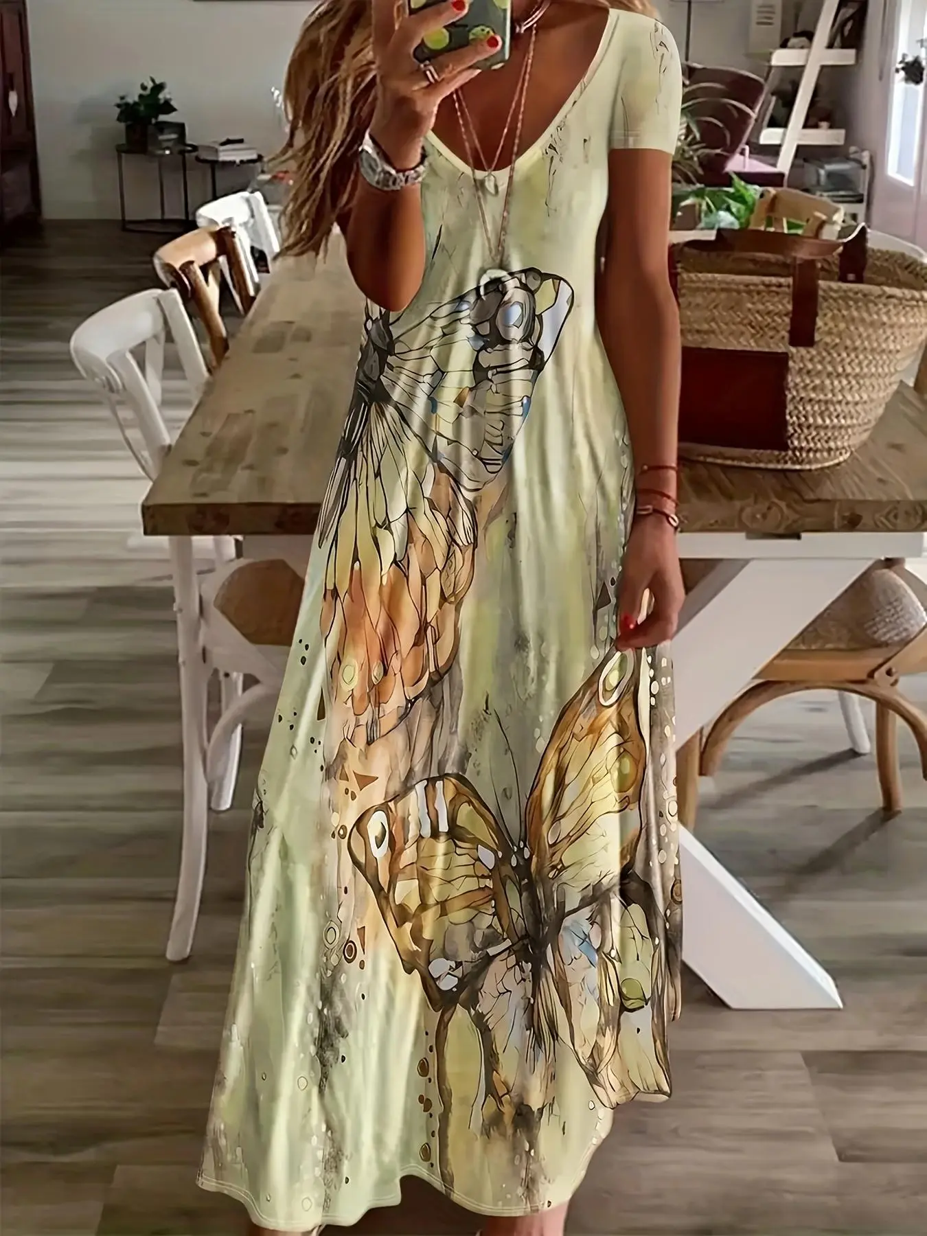 Women's All Over Print V Neck Dress, Casual Short Sleeve Long Dress for Summer, Ladies Clothes for Beach Holiday Vacation