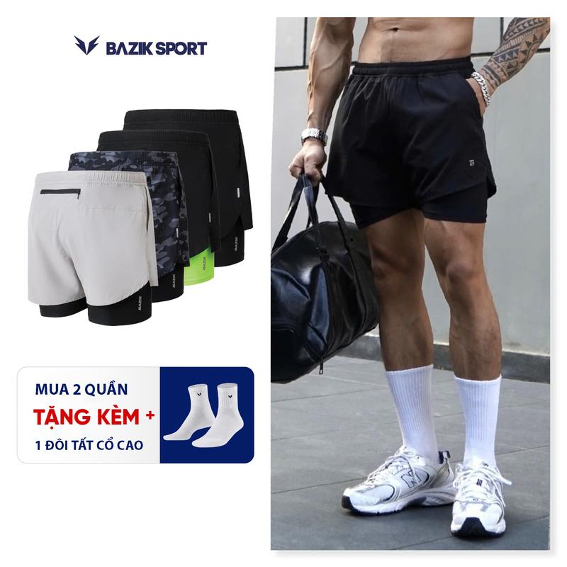 Quần Short Thể thao 2 lớp Nam BAZIK Speed Up 2 in 1 lớp trong Thun, lớp ngoài thoáng khí có túi sau, thấm hút mồ hôi, chạy bộ, thoải mái vận động, sport - QSTG23N05