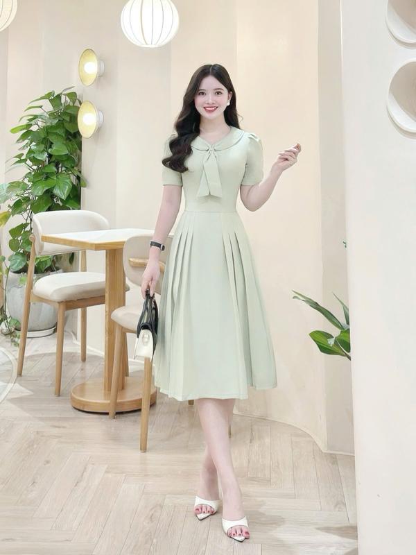 Đầm váy nữ thiết kế Nhật Vy cổ phối cà vạt tay ngắn dáng xòe bigsize chất lụa công sở văn phòng dự tiệc màu kem xanh - D3389