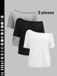 Camiseta de color sólido para mujer, camiseta básica casual de manga corta para uso diario, ropa de damas para todas las estaciones