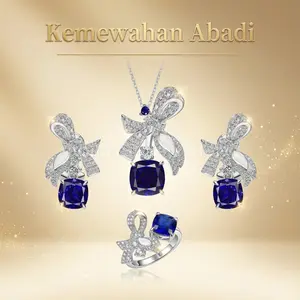 COLOS72HB  Set kalung liontin mewah yang modis dan ringan, cincin safir kerajaan, anting berlian biru, set batu permata berwarna untuk wanita