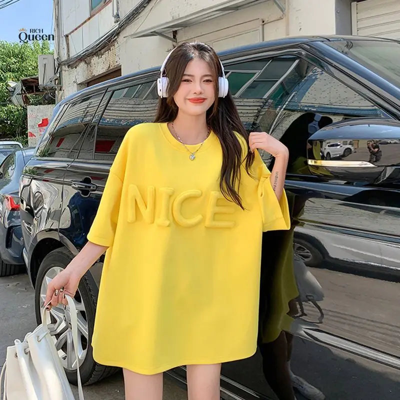 Áo Thun Tay Ngắn Dáng Rộng, Cỡ Lớn 150Kg, Thiết Kế Chữ Ba Chiều, Dài Trung Bình, Thường Ngày, Đa Năng, Tay Lửng Top Nữ 6