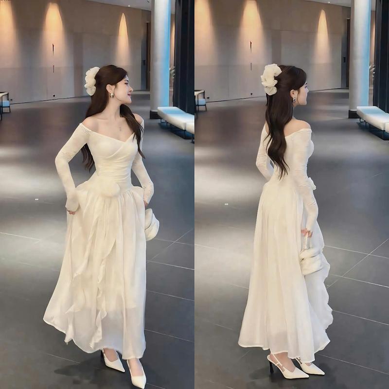 Đầm váy nữ ren tơ thiết kế tay dài trễ vay đín hoa tua rua dáng xòe dày xinh xắn dành cho các nàng diện đi chơi đi tiệc