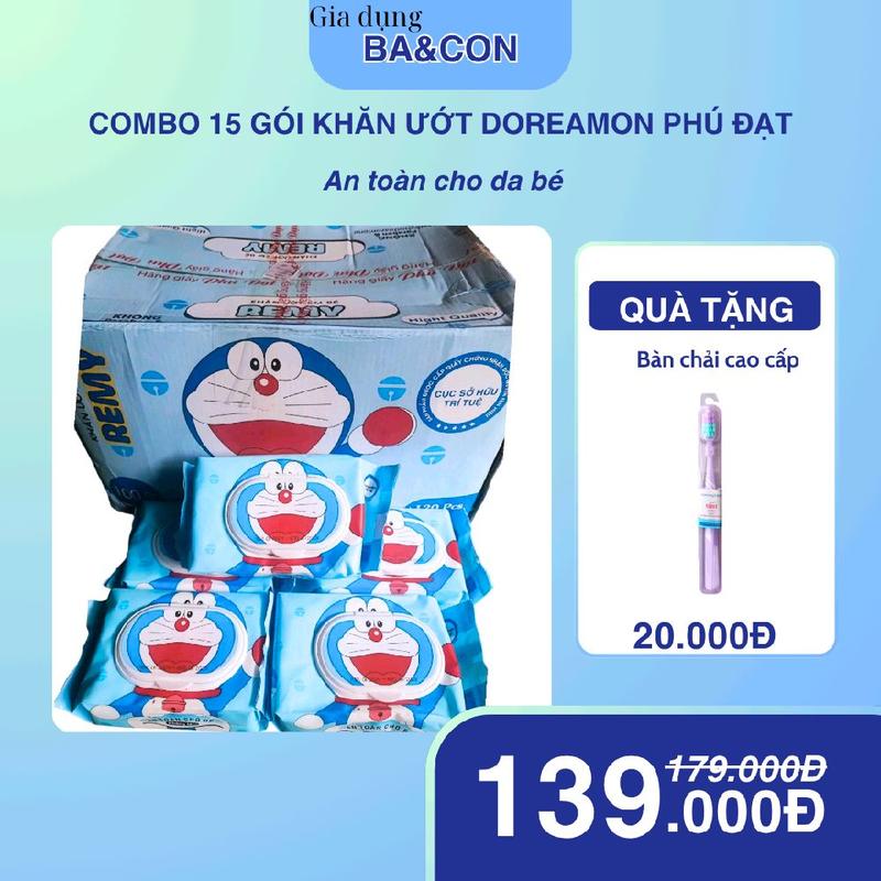 Combo 15 Gói Khăn Giấy Ứớt Doremon Phú Đạt - Không mùi- Không Cồn -An Toàn Cho Bé Khăn Ướt