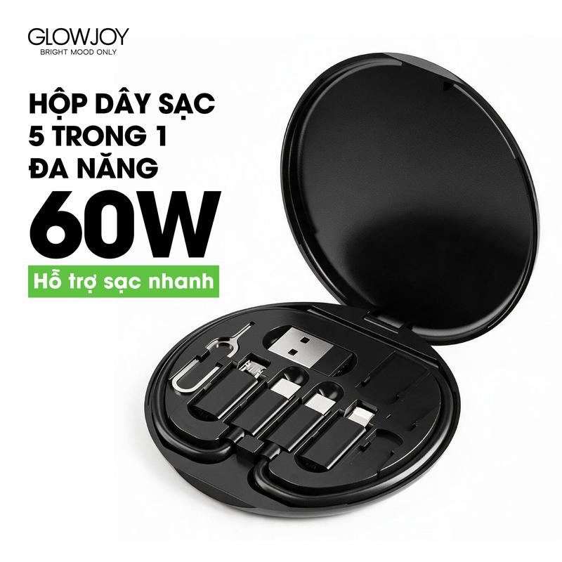 Cáp Đa Năng 5 Trong 1 Sạc Nhanh 60W Tích Hợp Giá Đỡ Điện Thoại Hỗ Trợ Nhiều Đầu Kết Nối USB Type-C Lightning Micro USB Dễ Mang Theo - GlowJoy