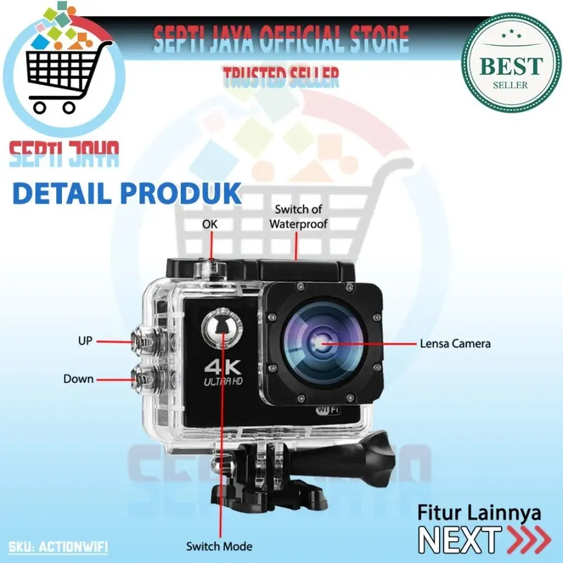 Kamera Aksi Action Sport Cam Camera Wifi Resulusi Ultra Full HD 1080P 4K Waterproof Anti Air Kamera Olah Raga Sportcam APP Control Monitoring 3