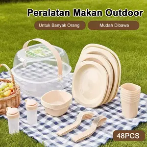 Set peralatan makan perjalanan luar ruangan 48 buah peralatan makan penyimpanan portabel, piknik berkemah barbekyu mangkuk dan piring portabel pisau garpu sendok sumpit kombinasi rumah asrama perjalanan dapat digunakan kembali