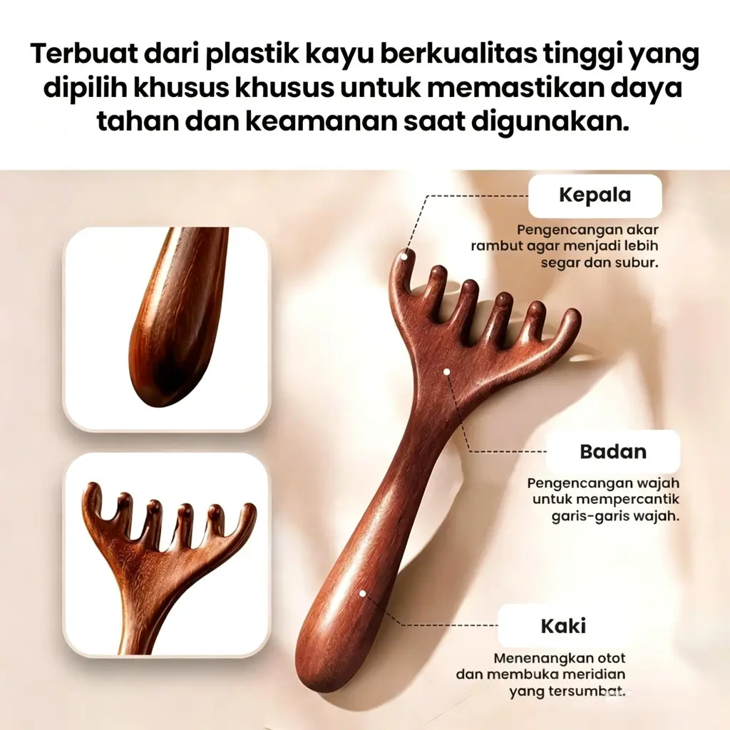 Sisir Pijat Kepala Kayu Cendana Emas Enam Cakar, Alat Pijat Kulit Kepala Tanduk Rusa, Scraper Meridian, Stimulasi Titik Akupuntur, Pengeruk Relaksasi Otot