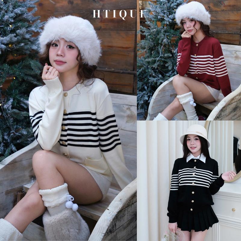 BST Thu Đông HTIQUE DEAL mở bán Áo cardigan vibe tiểu thư sang chảnh Áo len dệt kim kẻ ngang basic LA11